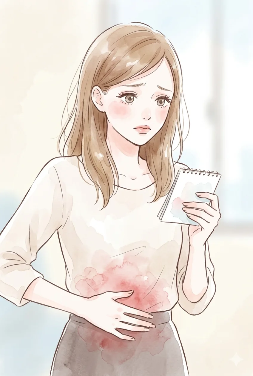 不正出血の解説イラスト：月経以外の出血に気づいた女性