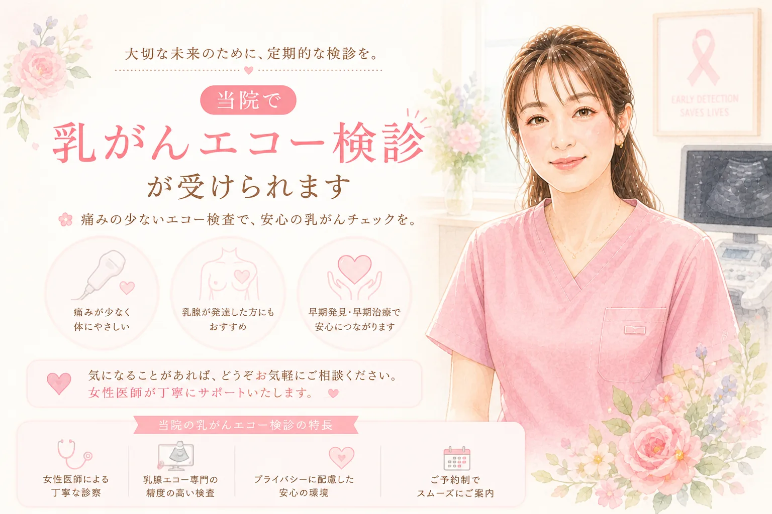 当院で受けられる痛みの少ない乳がんエコー検診のご案内イラスト（女性医師による丁寧な診察・プライバシーに配慮した環境）
