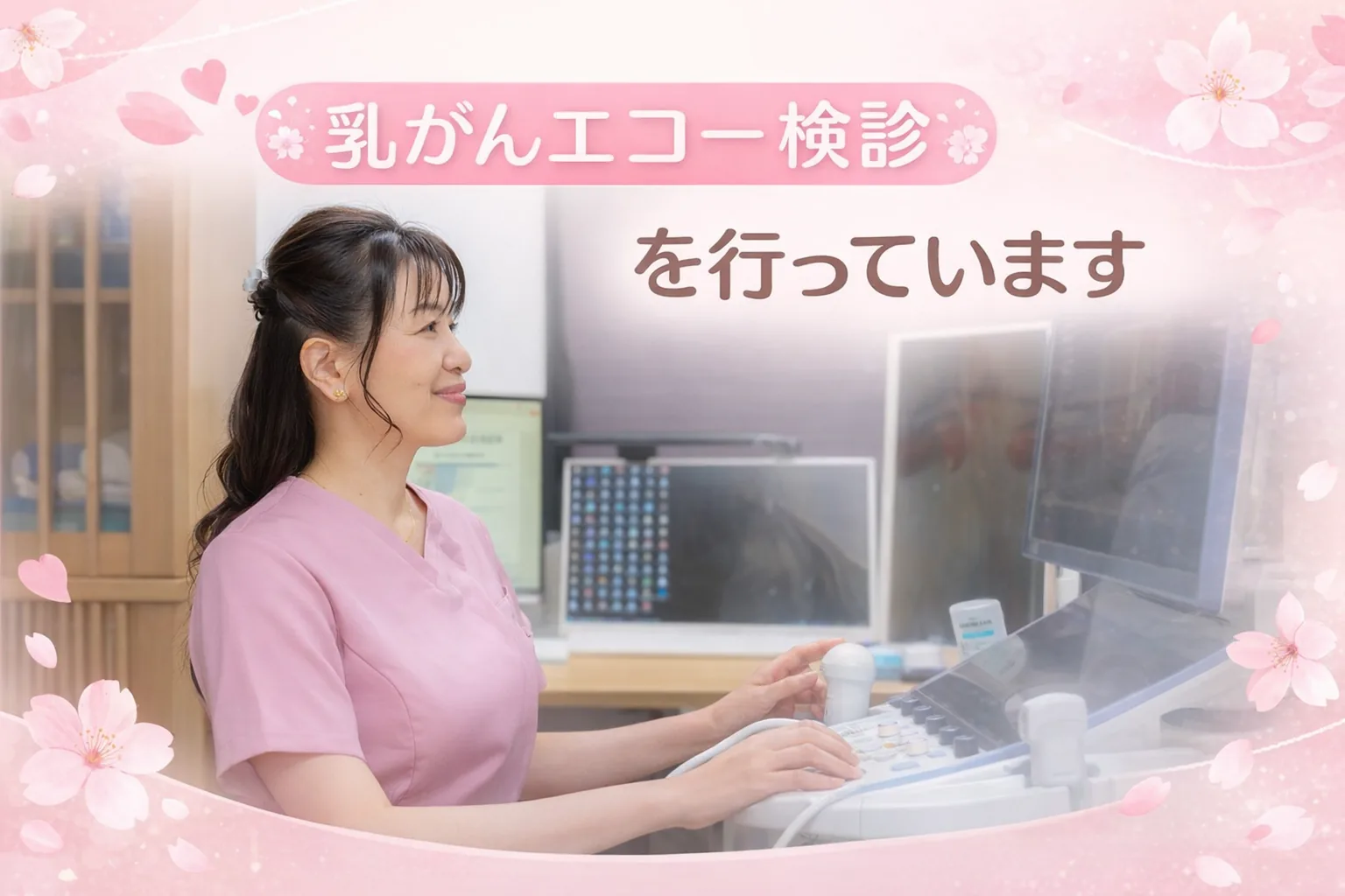 乳がんエコー検診を行うふくだあやレディースクリニックの福田綾院長と超音波検査装置