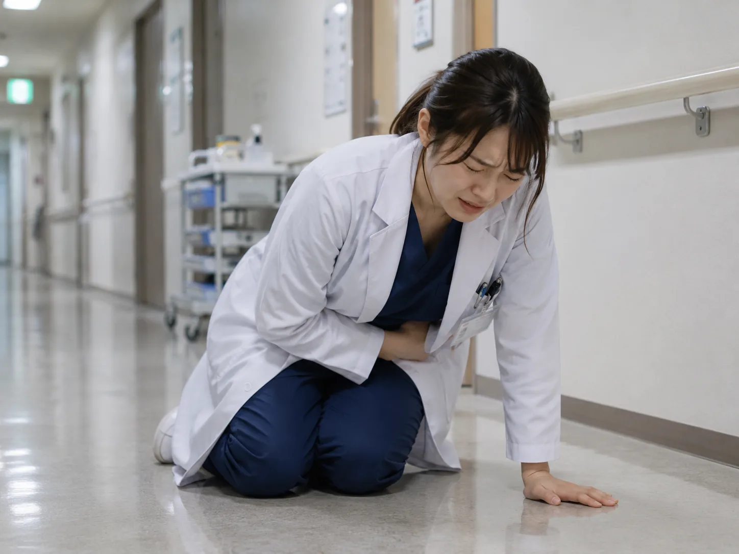病院の廊下で突然の強い腹痛にうずくまる女性医師のイメージ