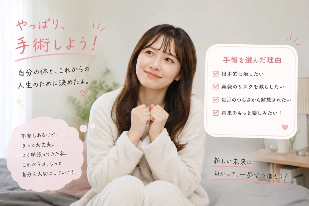 「やっぱり手術しよう」と手術を選んだ理由を書き出して決断する女性のイメージ