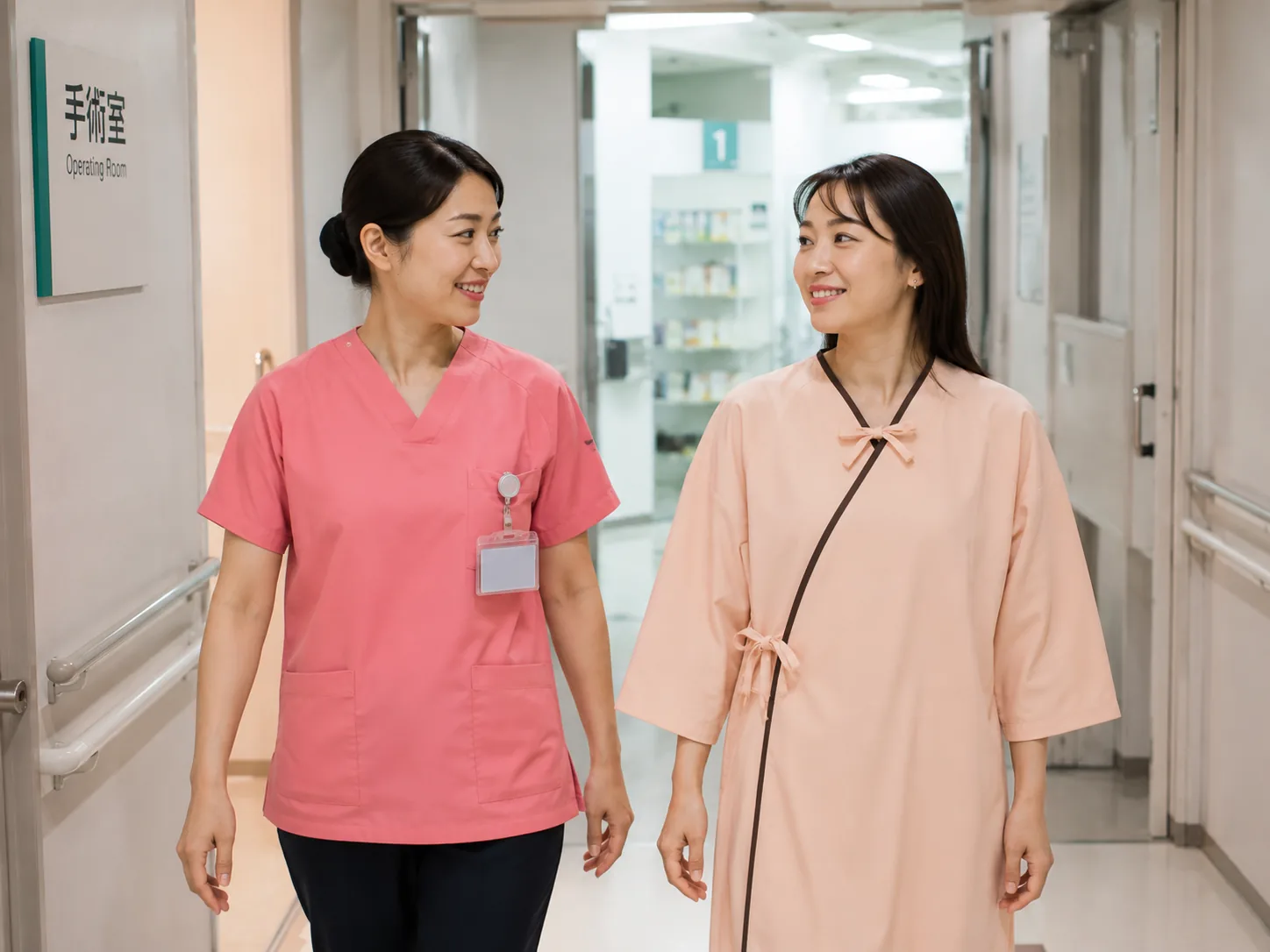 看護師に付き添われて手術室へ向かう手術着姿の患者のイメージ