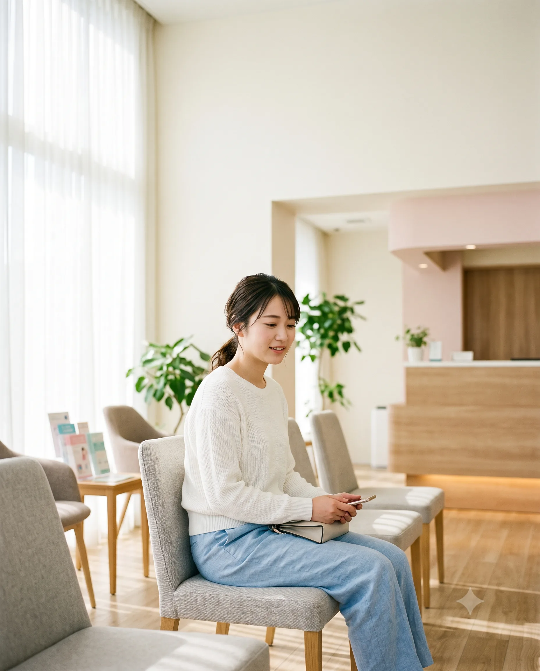 明るい待合室の椅子に座り、少し緊張しながら順番を待つ女性