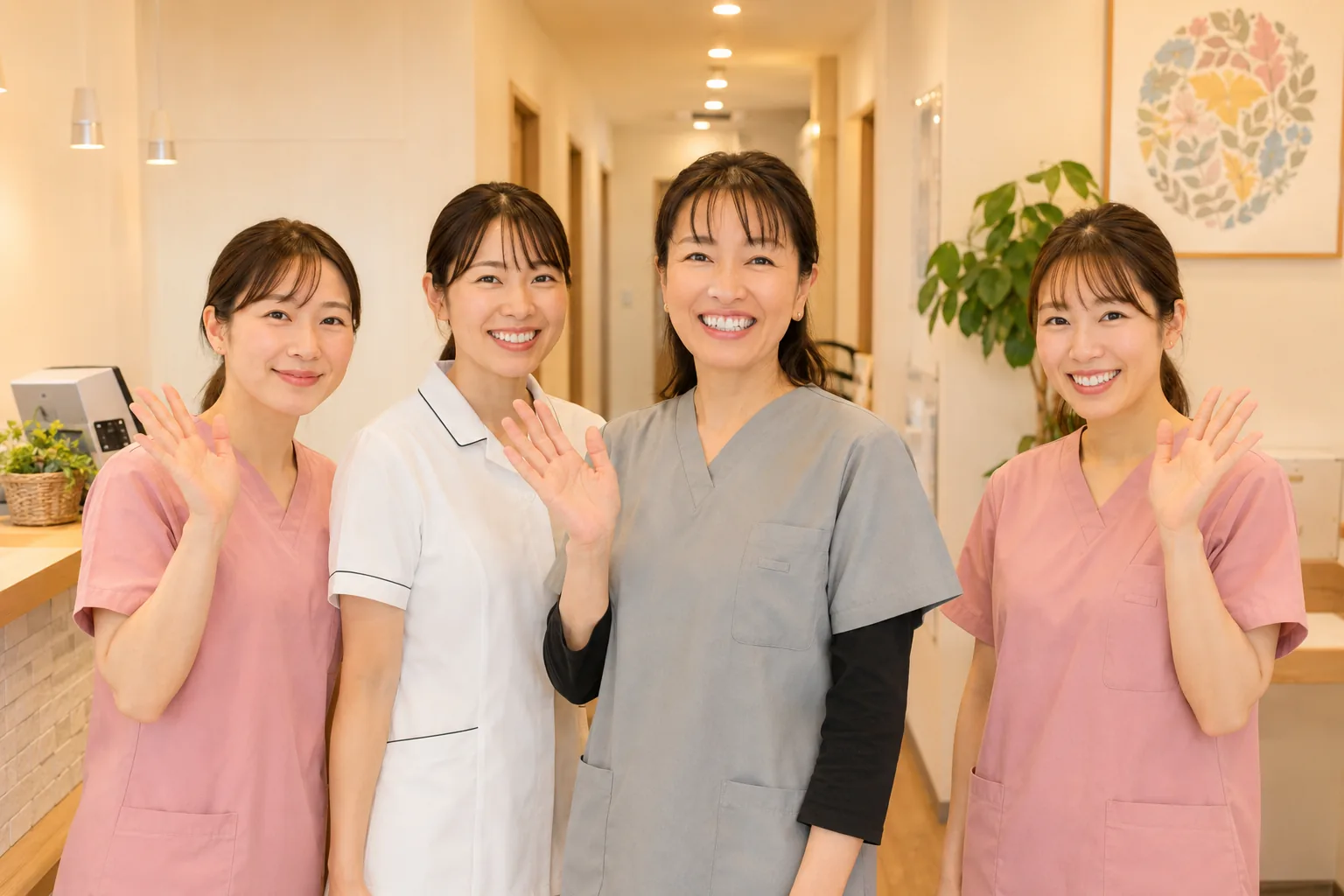 院内で笑顔でお迎えするふくだあやレディースクリニックのスタッフ