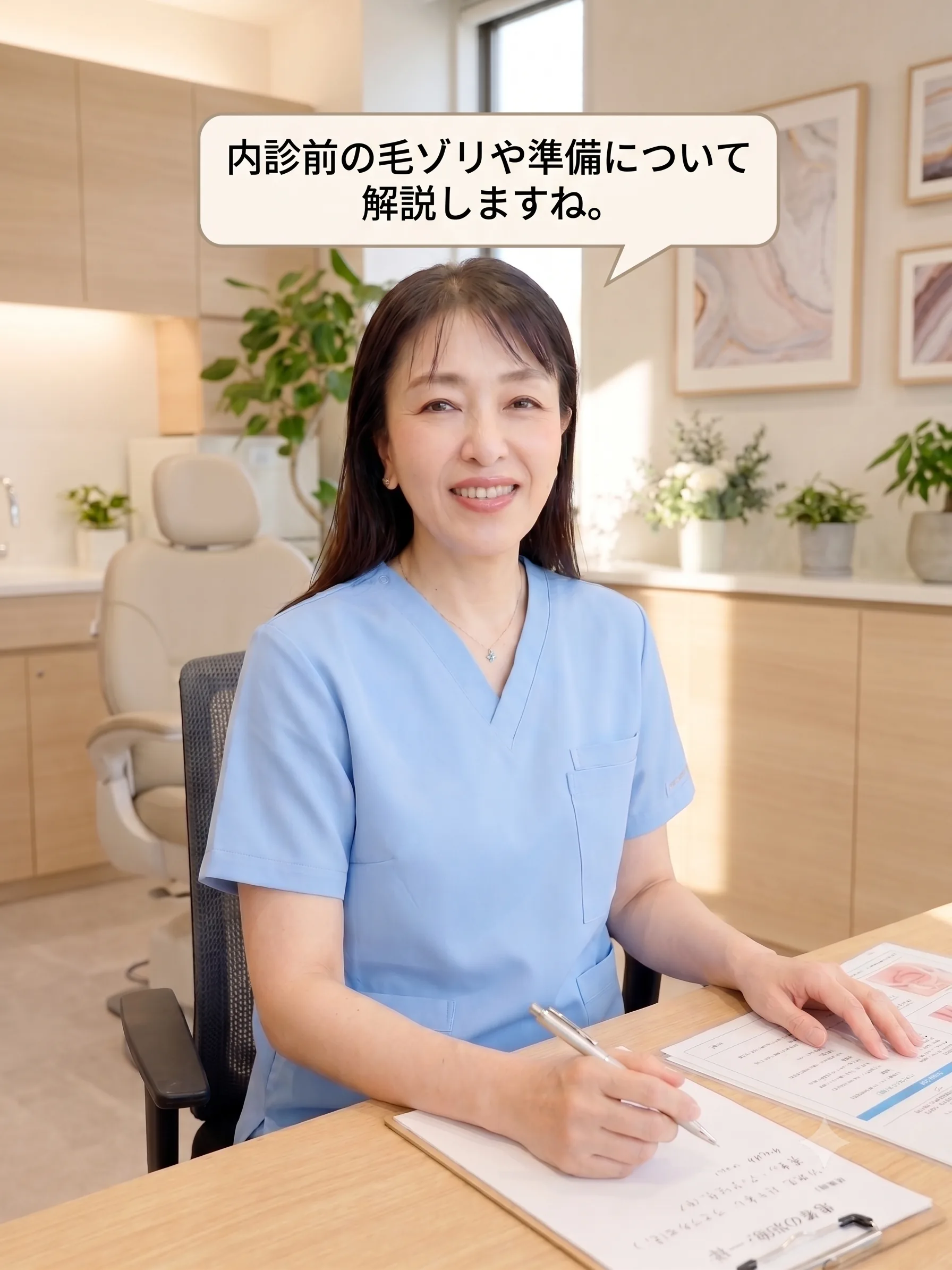 診察室で内診前の毛の処理や準備について解説する女性医師