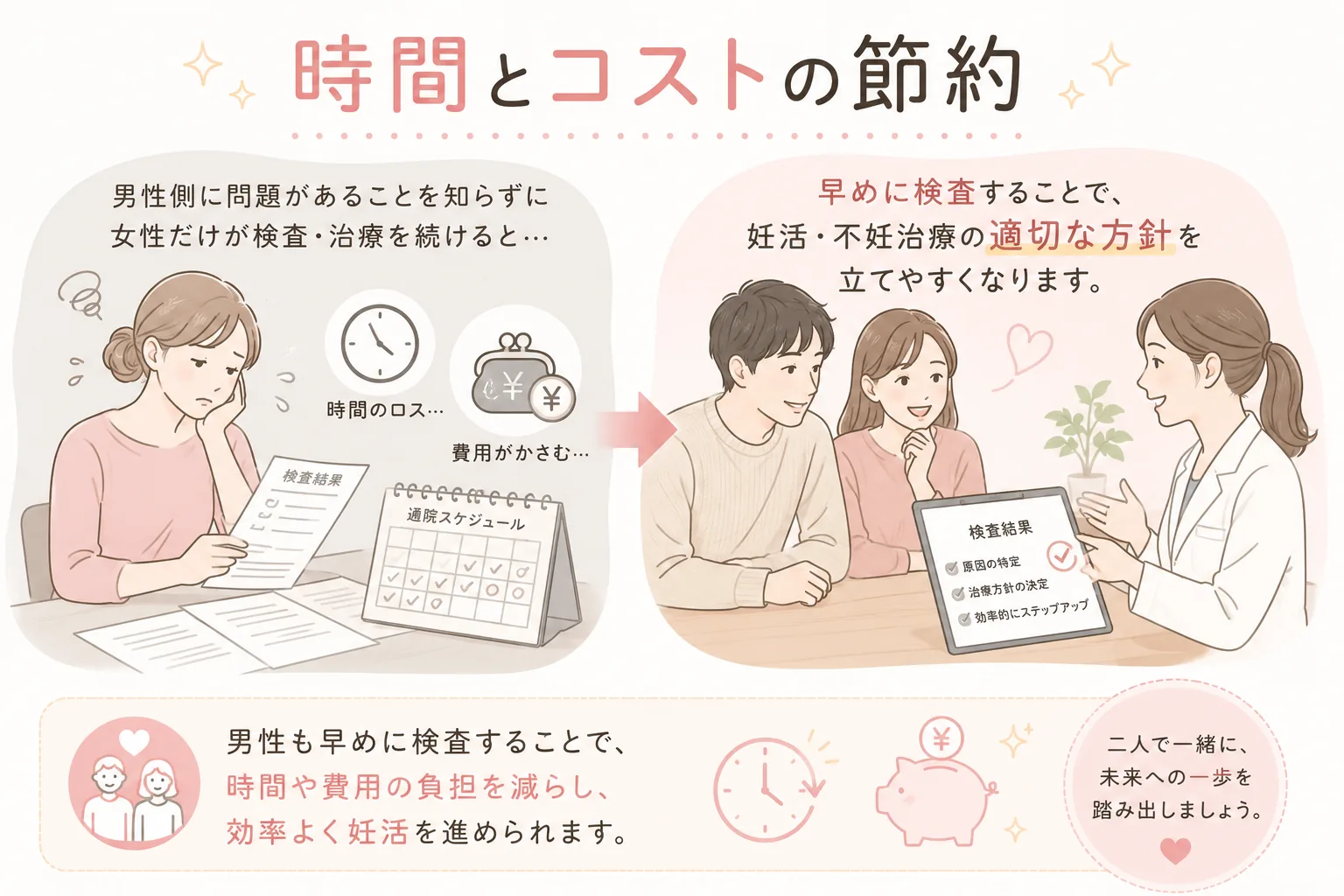 早めの精液検査が妊活の時間とコストの節約につながることを説明するイラスト