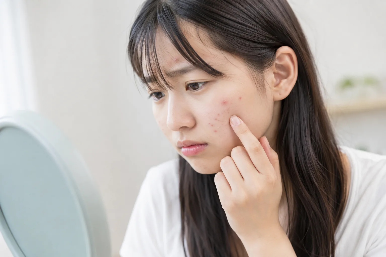 鏡を見ながら頬の大人ニキビを気にする女性