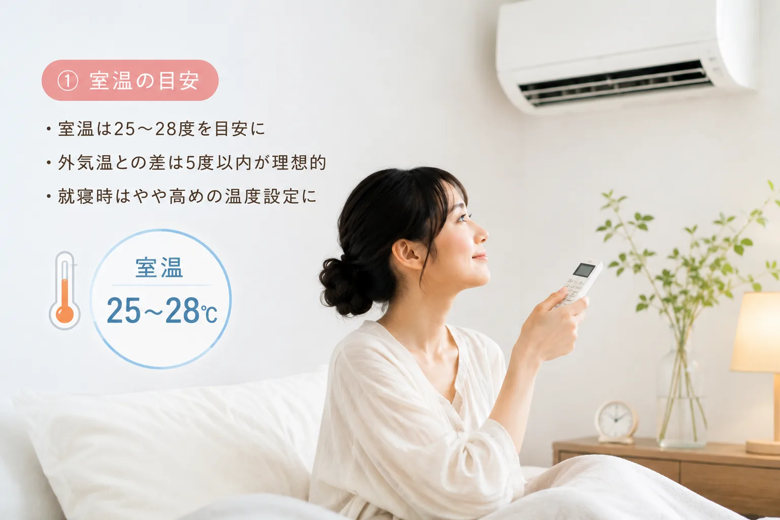室温の目安の解説イラスト：室温は25〜28度、外気温との差は5度以内、就寝時はやや高めの温度設定に