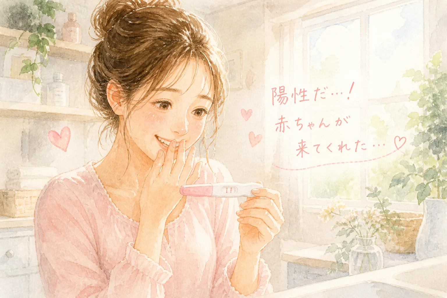 市販の妊娠検査薬で陽性を確認するステップの解説イラスト