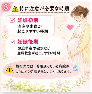妊娠初期と妊娠後期は旅行に特に注意が必要であることを示すイラスト