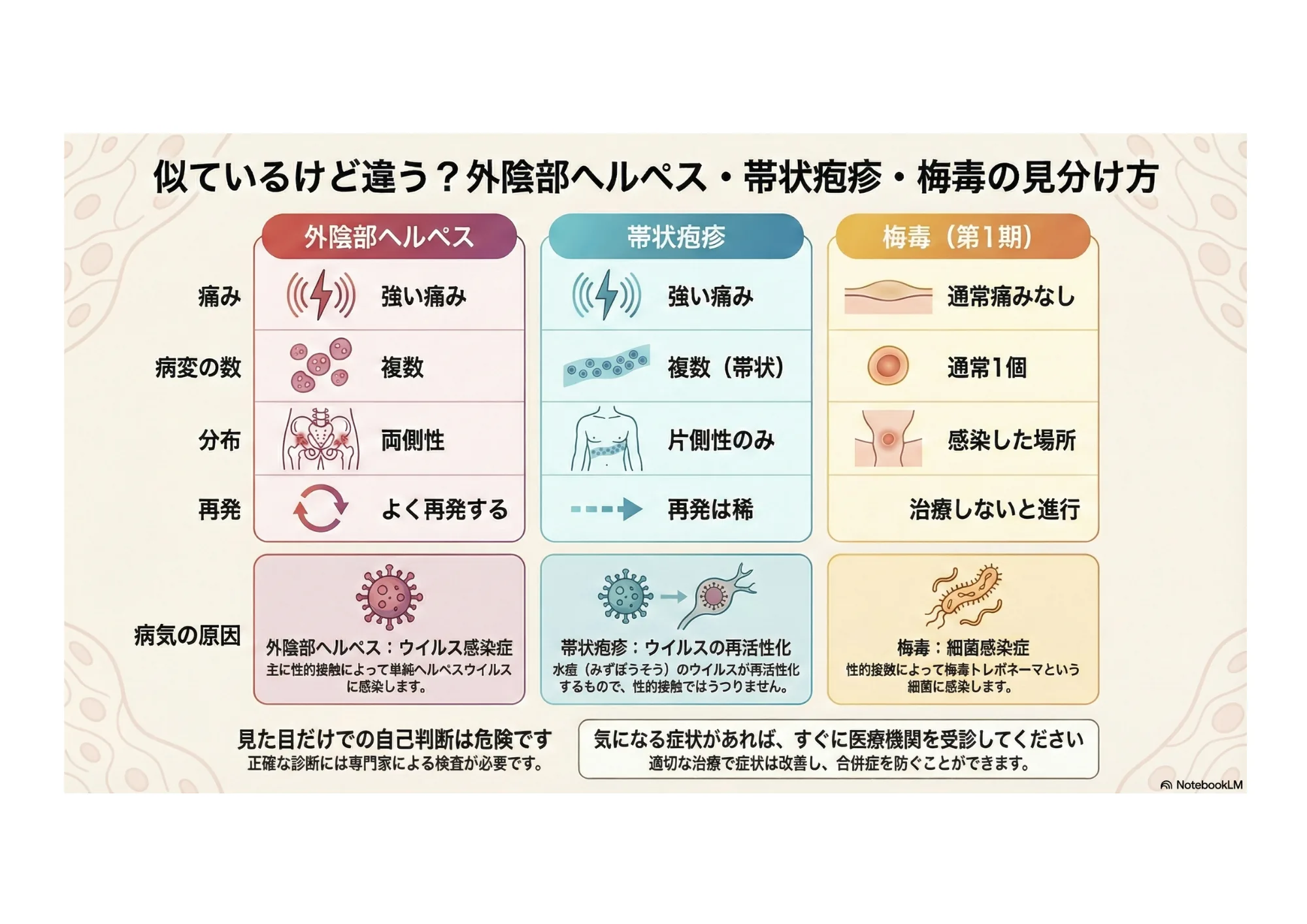 外陰部ヘルペス・帯状疱疹・梅毒の見分け方（痛み・病変の数・分布・再発の違い）をまとめた比較表イラスト