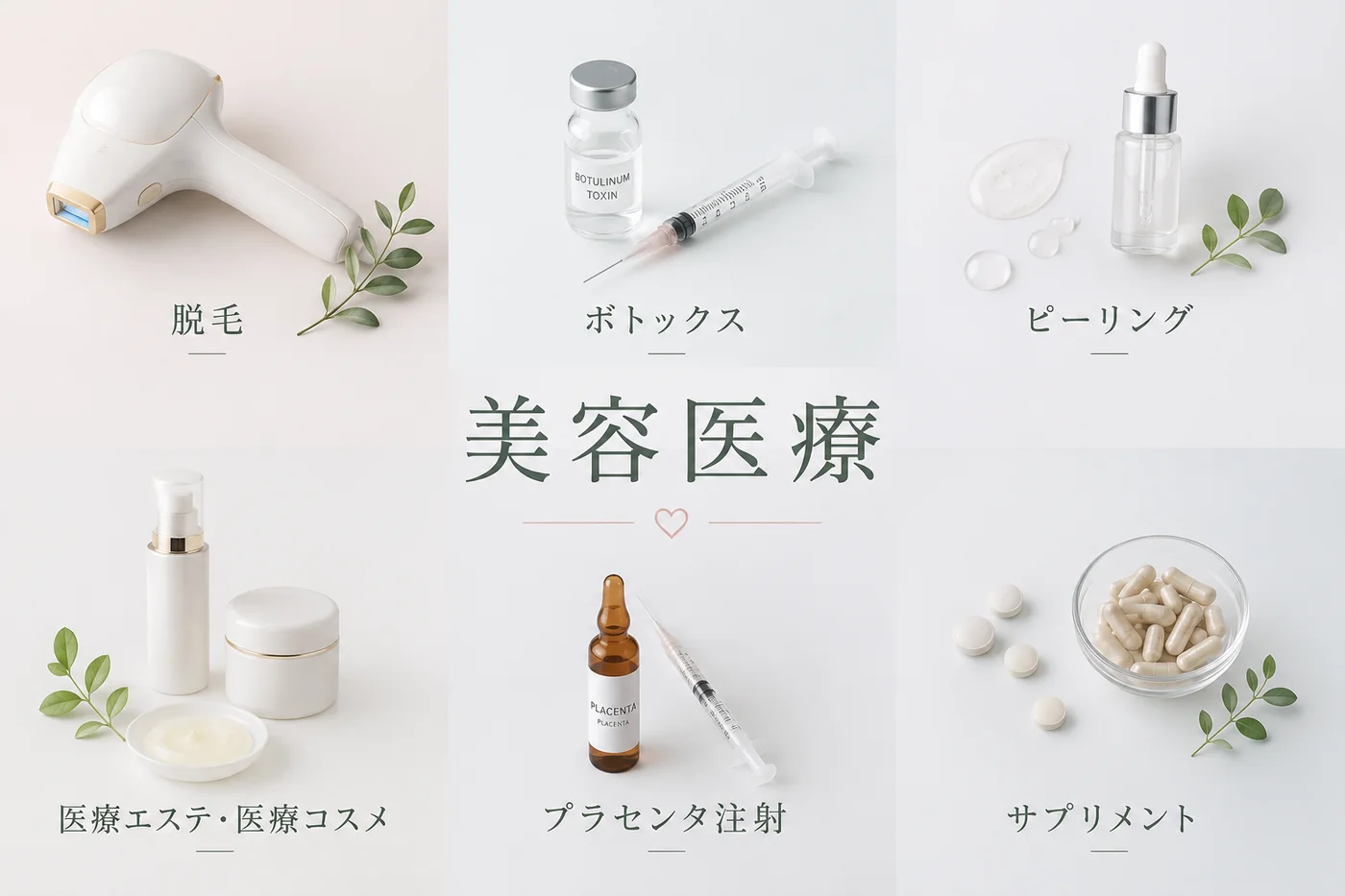 美容医療 — 脱毛、ボトックス、ピーリング、医療エステ・医療コスメ、プラセンタ注射、サプリメントの各メニューをまとめたイメージ写真。