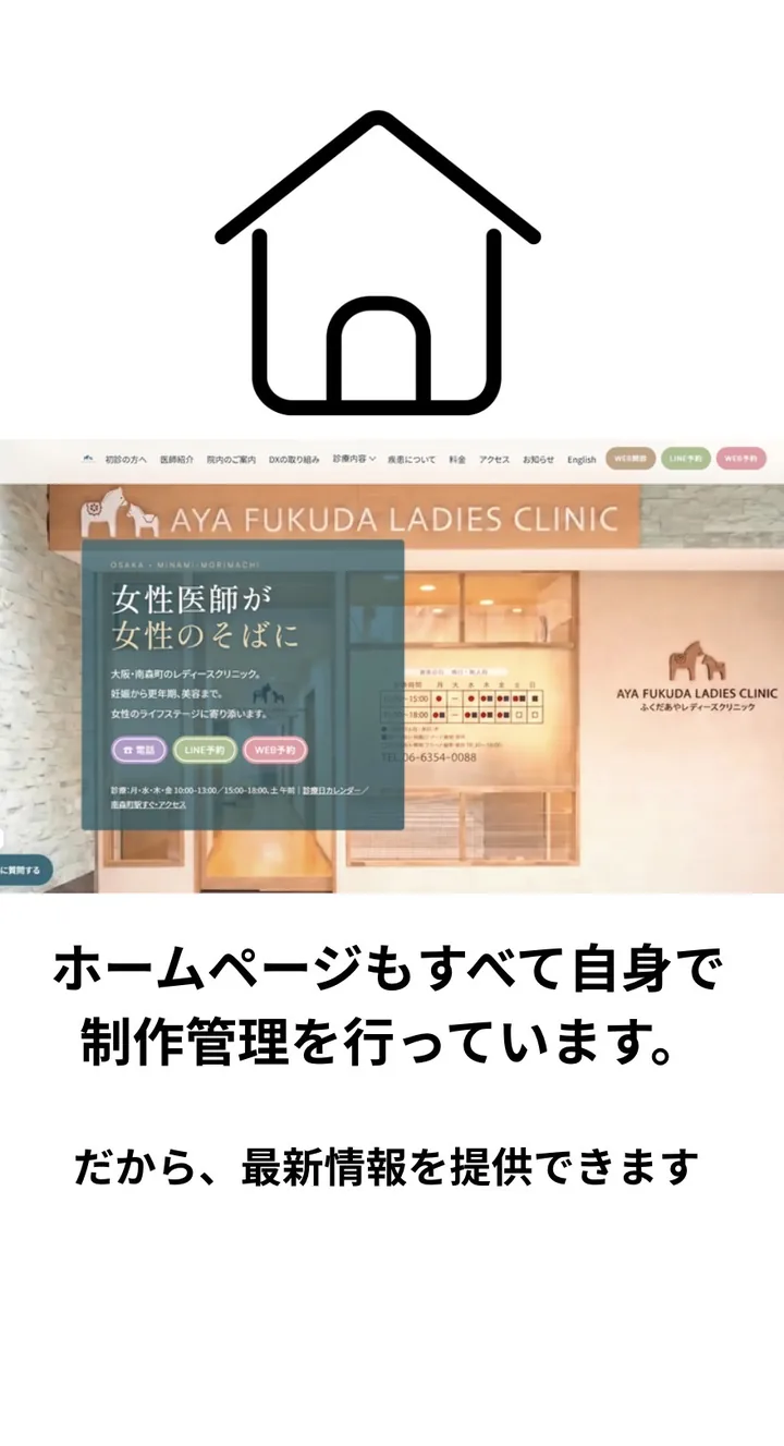 ホームページもすべて自身で制作管理を行っています。だから、最新情報を提供できます。— 家のアイコンと、ふくだあやレディースクリニックのトップページ画面