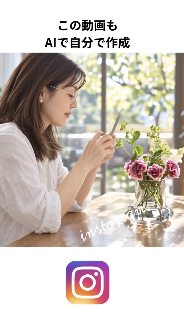この動画もAIで自分で作成。— スマートフォンで花を撮影する女性と、Instagramのロゴ