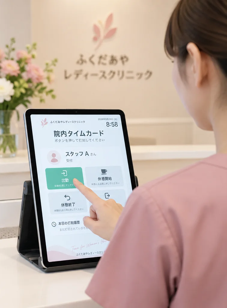 受付カウンターで、院内タイムカードのiPadの出勤ボタンをタップするスタッフ。背景にふくだあやレディースクリニックのロゴ