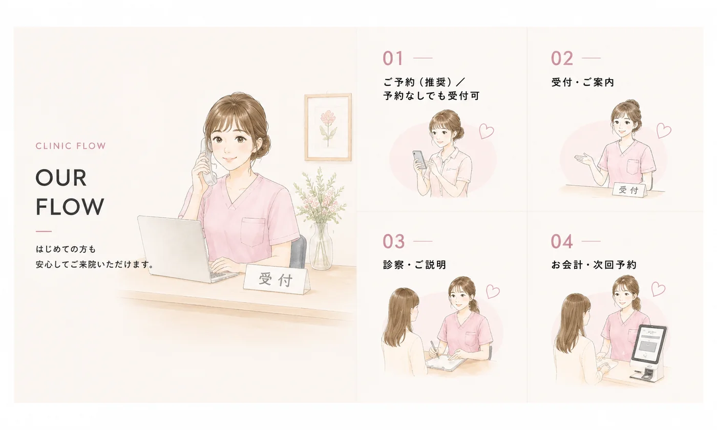 CLINIC FLOW / OUR FLOW — はじめての方も安心してご来院いただけます。受診の流れ：01 ご予約（推奨）／予約なしでも受付可、02 受付・ご案内、03 診察・ご説明、04 お会計・次回予約。