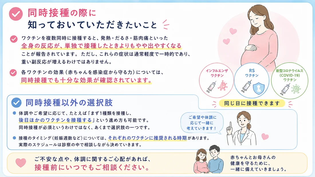 同時接種の際に知っておいていただきたいこと。ワクチンを複数同時に接種すると全身の反応が単独接種よりもやや出やすくなるが症状は通常軽度で一時的。同時接種でも十分な効果が確認されている。まず1種類を接種し後日ほかのワクチンを接種する選択肢もある。