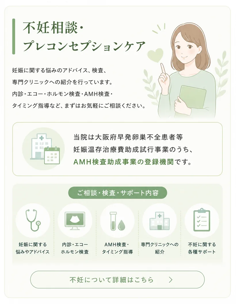 不妊相談・プレコンセプションケア — 妊娠に関する悩みのアドバイス、検査、専門クリニックへの紹介を行っています。内診・エコー・ホルモン検査・AMH検査・タイミング指導など、まずはお気軽にご相談ください。当院は大阪府早発卵巣不全患者等妊孕性温存治療費助成試行事業のうち、AMH検査助成事業の登録機関です。