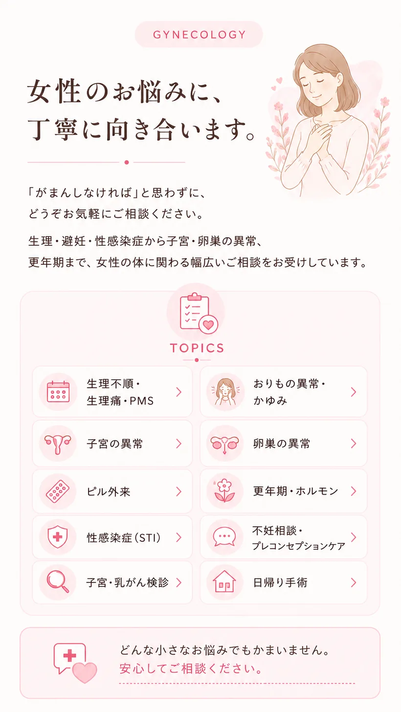 女性のお悩みに、丁寧に向き合います。（GYNECOLOGY）— 「がまんしなければ」と思わずに、どうぞお気軽にご相談ください。生理・避妊・性感染症から子宮・卵巣の異常、更年期まで、女性の体に関わる幅広いご相談をお受けしています。主なトピック：生理不順・生理痛・PMS、おりもの異常・かゆみ、子宮の異常、卵巣の異常、ピル外来、更年期・ホルモン、性感染症（STI）、不妊相談・プレコンセプションケア、子宮・乳がん検診、日帰り手術。