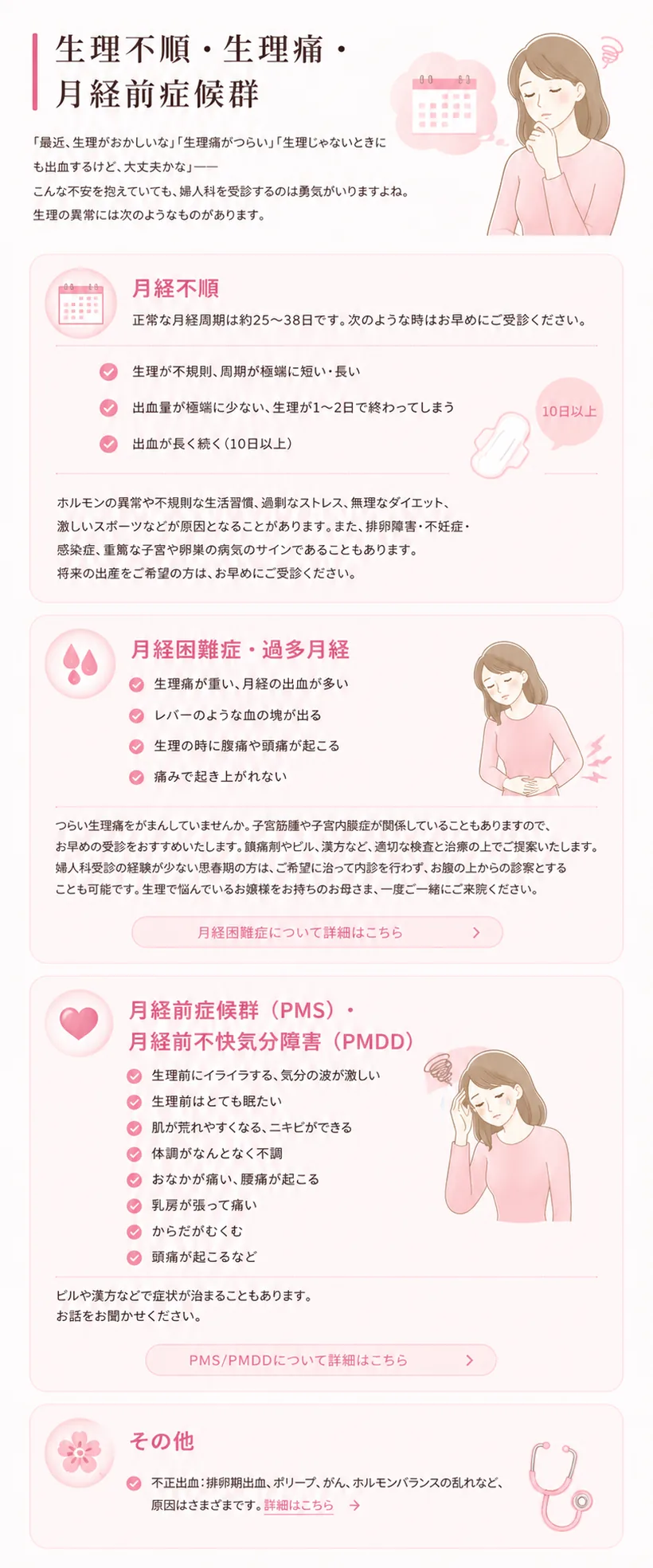 生理不順・生理痛・月経前症候群 — 月経不順（正常な月経周期は約25〜38日。不規則・極端に短い/長い、出血が10日以上続く等）、月経困難症・過多月経（生理痛が重い、月経の出血が多い、血の塊が出る等。子宮筋腫や子宮内膜症が関係することも）、月経前症候群（PMS）・月経前不快気分障害（PMDD）。ピルや漢方で症状が和らぐこともあります。思春期の方はご希望に沿って内診を行わずお腹の上からの診察も可能です。