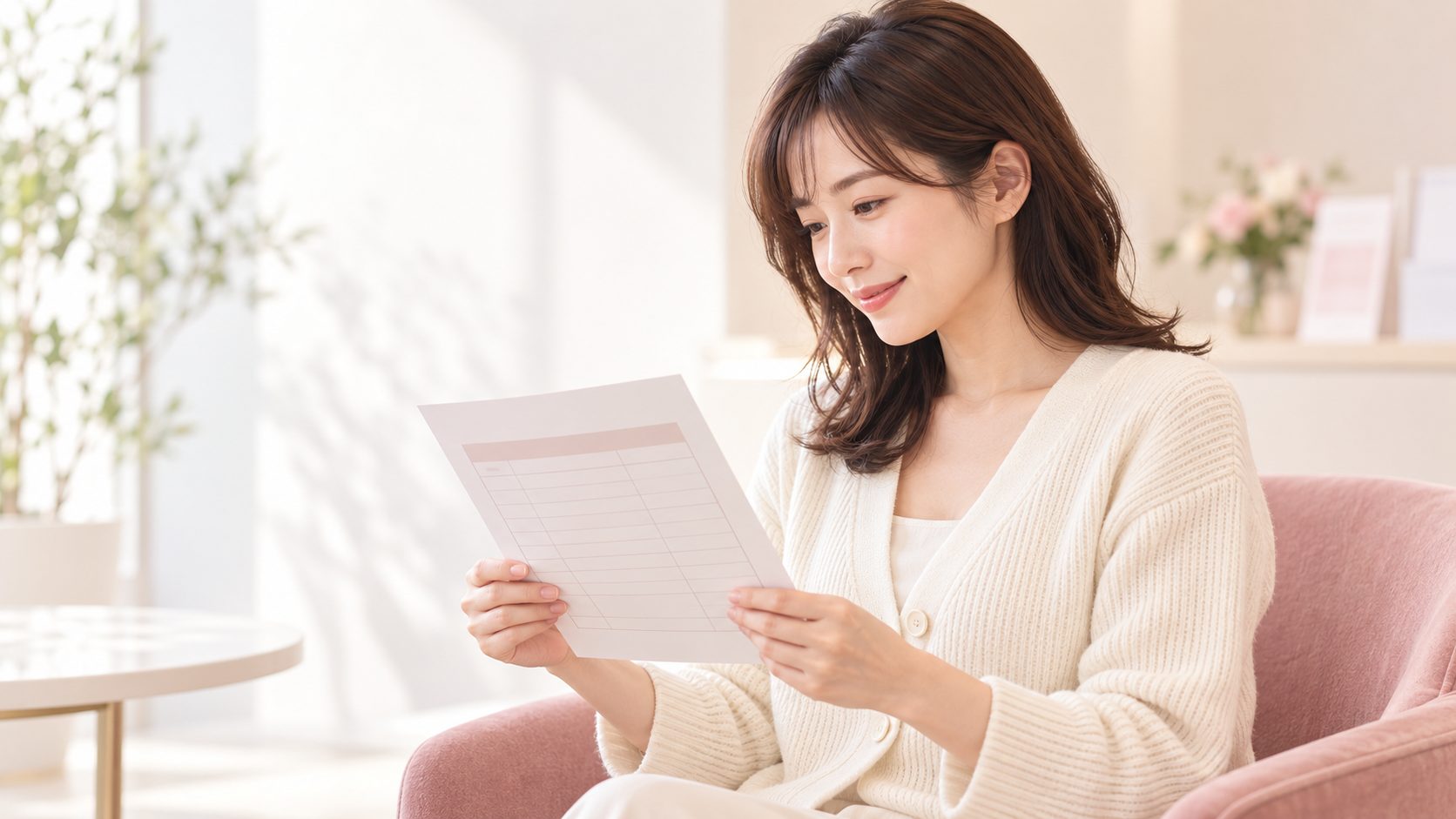 明るい待合室で料金案内の用紙を読む女性