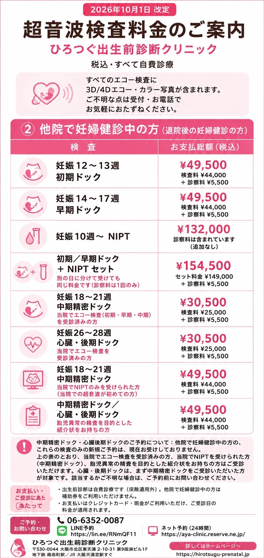 ひろつぐ出生前診断クリニック 他院で妊婦健診中の方の料金（2026年10月1日改定・税込・自費）。各検査料に診察料5,500円が加わります。初期ドック・早期ドック 各49,500円（検査料44,000円＋診察料5,500円）、NIPT 132,000円（診察料込み）、初期／早期ドック＋NIPTセット154,500円、妊娠18〜21週 中期精密ドック（当院でエコー受診済み）30,500円、妊娠26〜28週 心臓・後期ドック（当院でエコー受診済み）30,500円 など。中期精密ドック・心臓後期ドックのみの新規予約は受け付けていません。他院で妊婦健診中の方は補助券を利用できません。