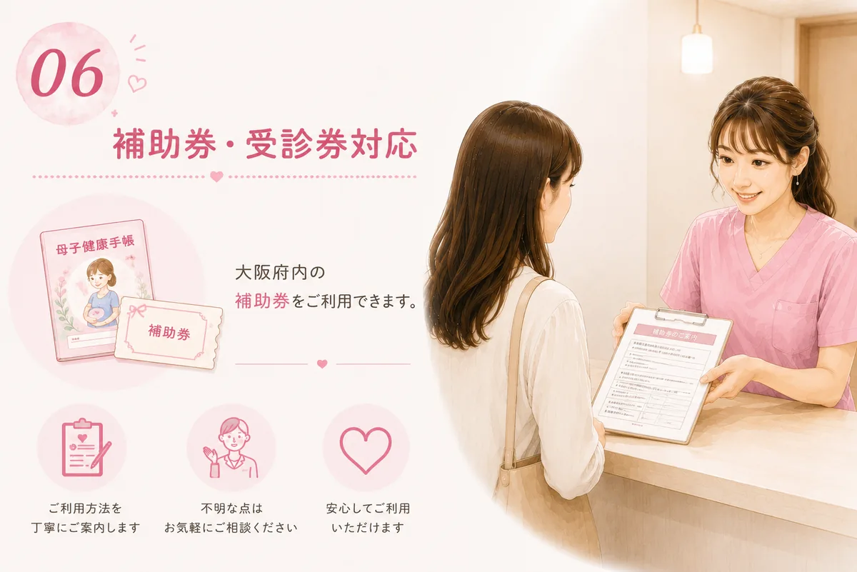 06 補助券・受診券対応 — 大阪府内の補助券・母子手帳の受診券をご利用いただけます。ご利用方法を丁寧にご案内します。