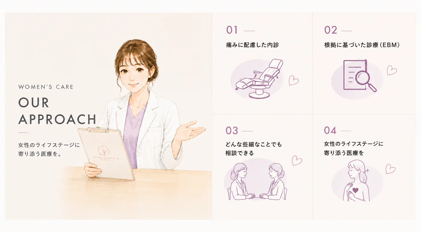 WOMEN'S CARE / OUR APPROACH — 女性のライフステージに寄り添う医療を。当院が大切にしている診療方針：痛みに配慮した内診、根拠に基づいた診療（EBM）、どんな些細なことでも相談できること、女性のライフステージに寄り添う医療。